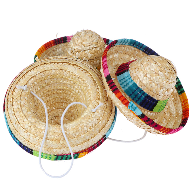 Słomkowy sombrero Mini dla małych zwierząt - wielokolorowy kapelusz regulowany linią bawełnianą - Wianko - 7