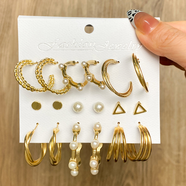 Zestaw kolczyków Vintage New Fashion Pearl Hoop dla kobiet i dziewczyn duże złote metalowe 2022 Trend - biżuteria walentynkowa - Wianko - 11
