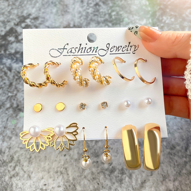 Zestaw kolczyków Vintage New Fashion Pearl Hoop dla kobiet i dziewczyn duże złote metalowe 2022 Trend - biżuteria walentynkowa - Wianko - 8