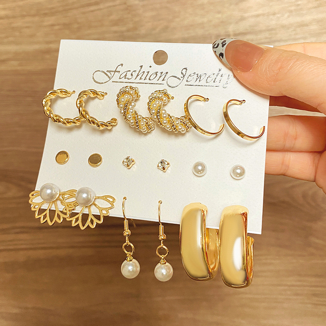 Zestaw kolczyków Vintage New Fashion Pearl Hoop dla kobiet i dziewczyn duże złote metalowe 2022 Trend - biżuteria walentynkowa - Wianko - 7