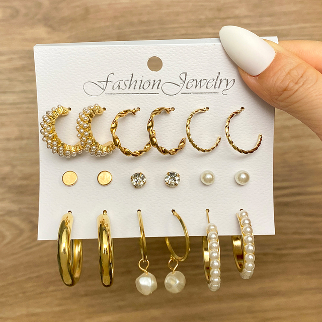 Zestaw kolczyków Vintage New Fashion Pearl Hoop dla kobiet i dziewczyn duże złote metalowe 2022 Trend - biżuteria walentynkowa - Wianko - 12