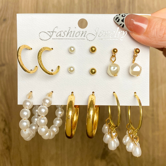 Zestaw kolczyków Vintage New Fashion Pearl Hoop dla kobiet i dziewczyn duże złote metalowe 2022 Trend - biżuteria walentynkowa - Wianko - 10