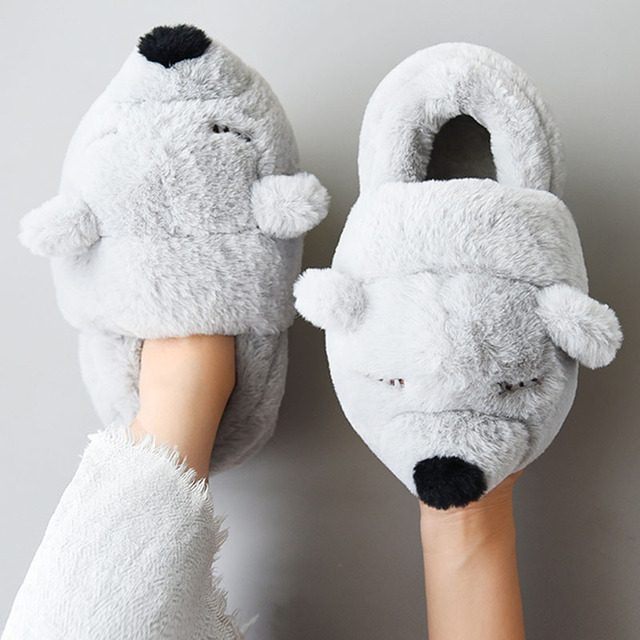 Klapki futrzane zimowe damskie pluszowe - uroczy kreskówkowy niedźwiadek, ciepłe, antypoślizgowe, płaskie, bawełniane - Wianko - 6