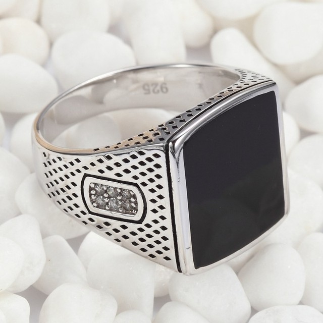 Duży pierścień męski z czarną emalią, vintage, ze srebra 925 - rozmiar 6-13 - Wianko - 3