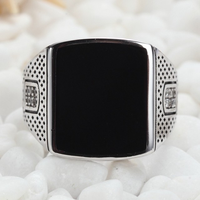 Duży pierścień męski z czarną emalią, vintage, ze srebra 925 - rozmiar 6-13 - Wianko - 6