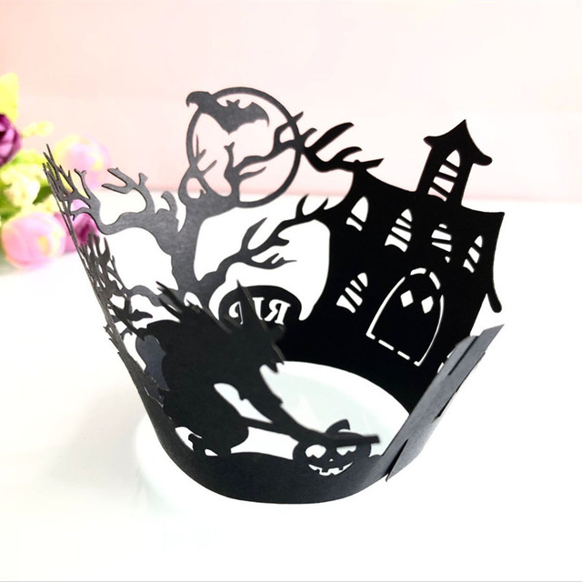 Halloween Cupcake Wrapper - 12 sztuk papilotki do pieczenia z ciasta, owijki czarownica Spiderweb zamek, dekoracje domowe - Wianko - 8