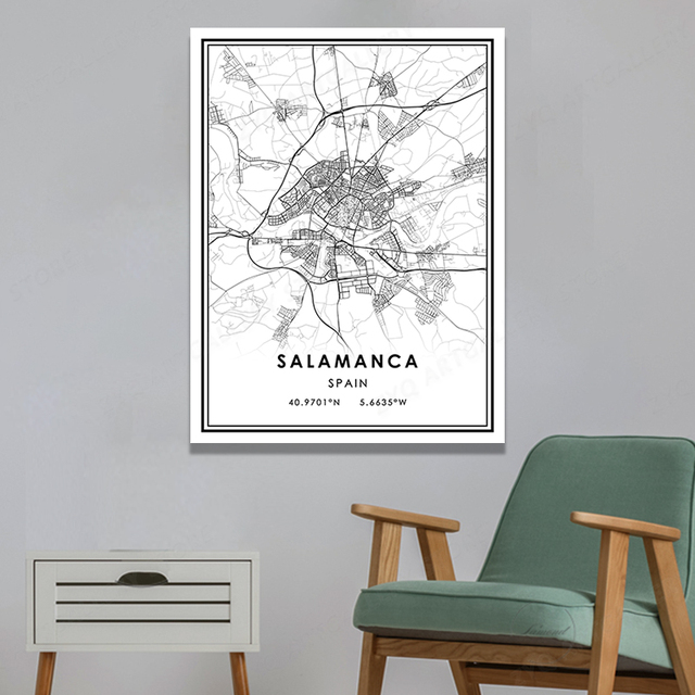 Obraz na płótnie SALAMANCA City Line: Czarno-biała mapa miasta i świata do dekoracji pokoju - Wianko - 7
