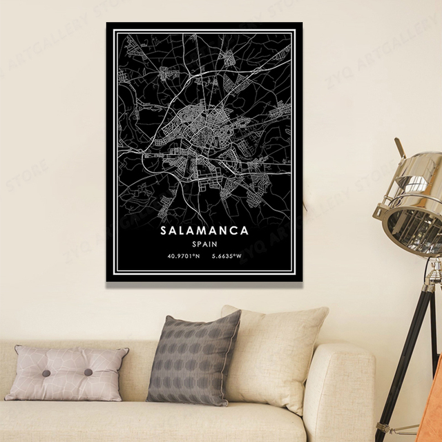 Obraz na płótnie SALAMANCA City Line: Czarno-biała mapa miasta i świata do dekoracji pokoju - Wianko - 9