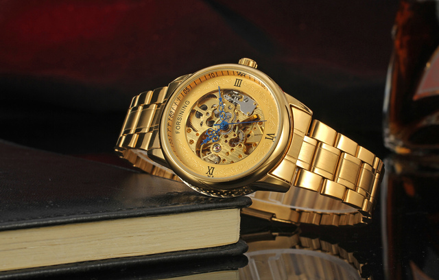 FORSINING - Luksusowy zegarek męski z niebieskim szkieletowym mechanizmem automatycznym na bransolecie ze stali nierdzewnej i złoceniem - Wianko - 6