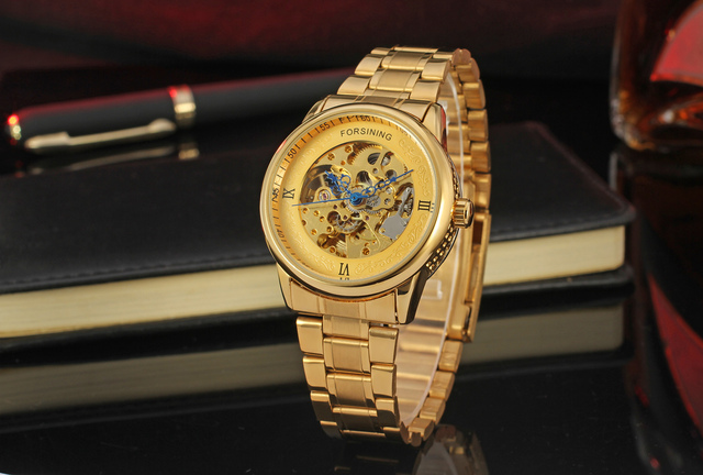 FORSINING - Luksusowy zegarek męski z niebieskim szkieletowym mechanizmem automatycznym na bransolecie ze stali nierdzewnej i złoceniem - Wianko - 7