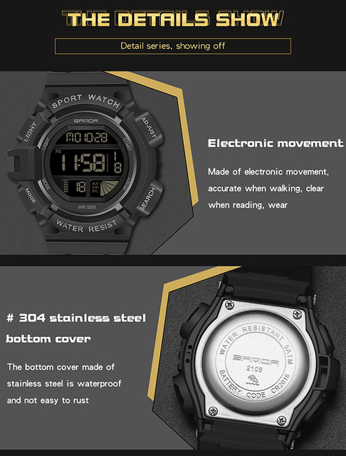 Męski zegarek cyfrowy SANDA 2021 z LED, stoperem i datą - Wianko - 21