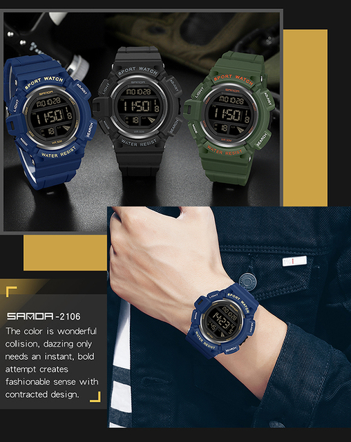 Męski zegarek cyfrowy SANDA 2021 z LED, stoperem i datą - Wianko - 14