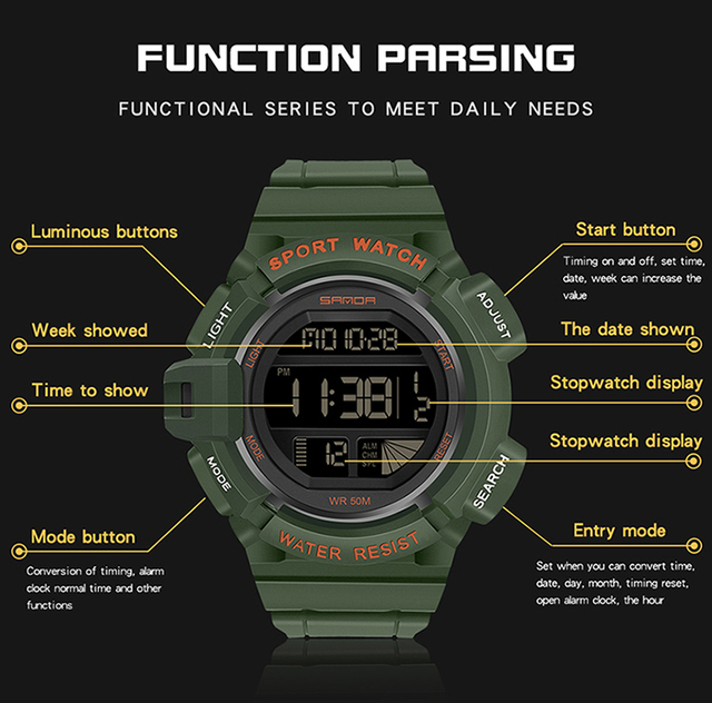Męski zegarek cyfrowy SANDA 2021 z LED, stoperem i datą - Wianko - 12