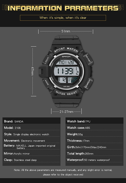 Męski zegarek cyfrowy SANDA 2021 z LED, stoperem i datą - Wianko - 10