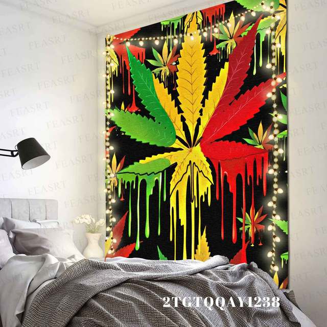 Fantazyjny czeski pokój i Symbol miłości gobelin Hippie Rastas Reggae z laminowanym, kolorowym liściem marihuany na ścianę - Wianko - 29
