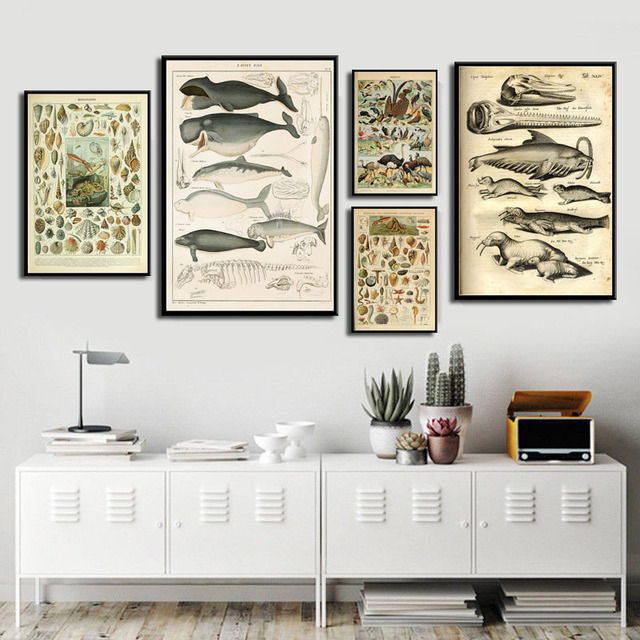 Malarstwo na płótnie przedstawiające retro ilustrację zwierząt morskich w muszli ryby - wystrój nowoczesnego salonu - Wianko - 3
