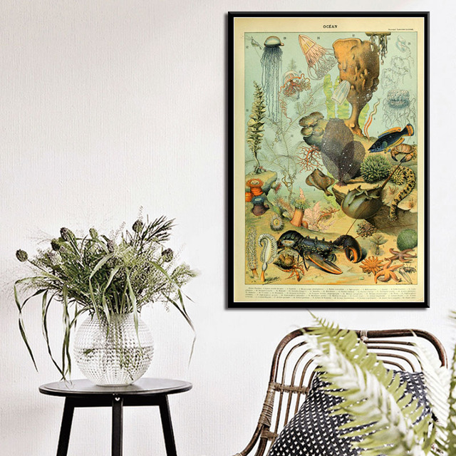 Malarstwo na płótnie przedstawiające retro ilustrację zwierząt morskich w muszli ryby - wystrój nowoczesnego salonu - Wianko - 5