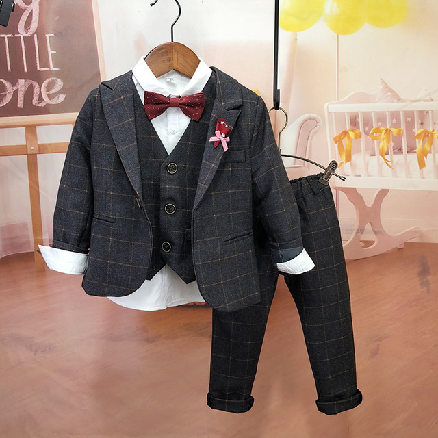 Garnitur dziecięcy w kratę dziecięce koreańskie zestaw spodnie koszula kamizelka 4 częściowy zestaw ubrań na oficjalne okazje dla chłopców - Wianko - 12
