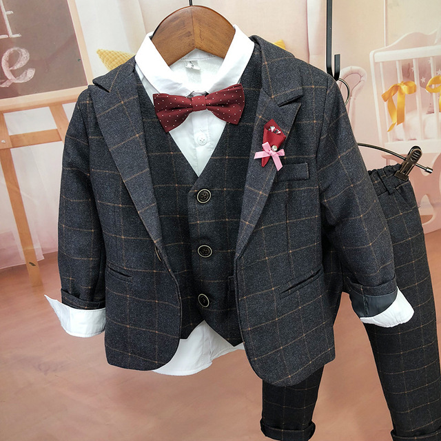 Garnitur dziecięcy w kratę dziecięce koreańskie zestaw spodnie koszula kamizelka 4 częściowy zestaw ubrań na oficjalne okazje dla chłopców - Wianko - 13
