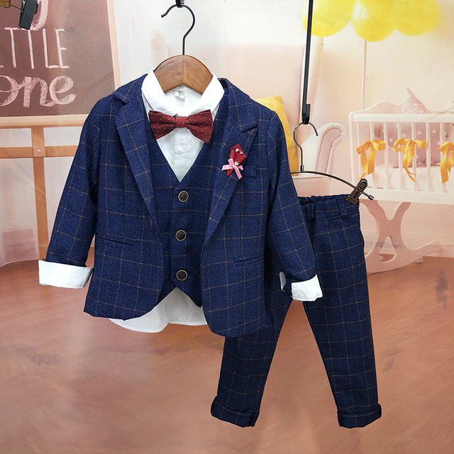 Garnitur dziecięcy w kratę dziecięce koreańskie zestaw spodnie koszula kamizelka 4 częściowy zestaw ubrań na oficjalne okazje dla chłopców - Wianko - 3