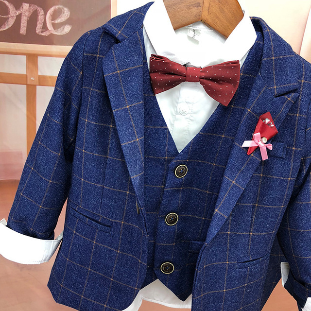 Garnitur dziecięcy w kratę dziecięce koreańskie zestaw spodnie koszula kamizelka 4 częściowy zestaw ubrań na oficjalne okazje dla chłopców - Wianko - 6