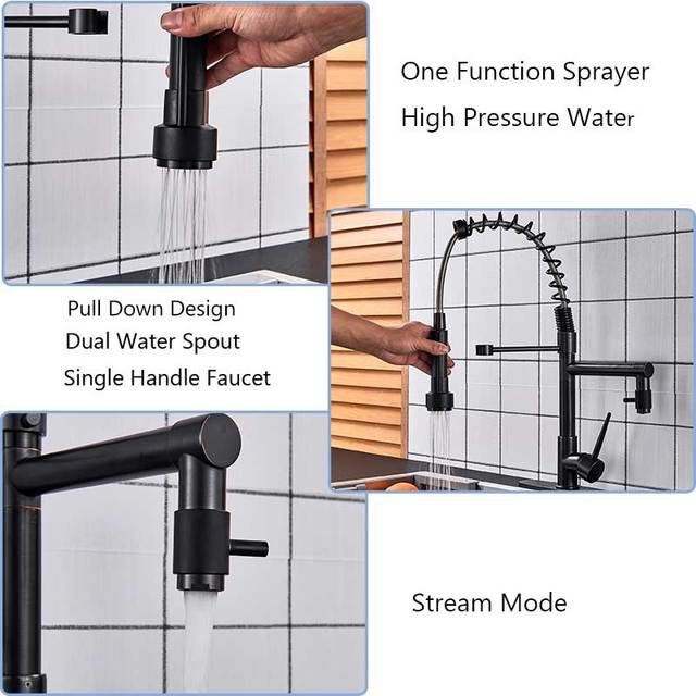 Bateria kuchenna z wyciąganym bocznym opryskiwaczem, podwójną wylewką i jednym uchwytem, umywalka 360° obrót, czarny kran wiosna - Wianko - 7