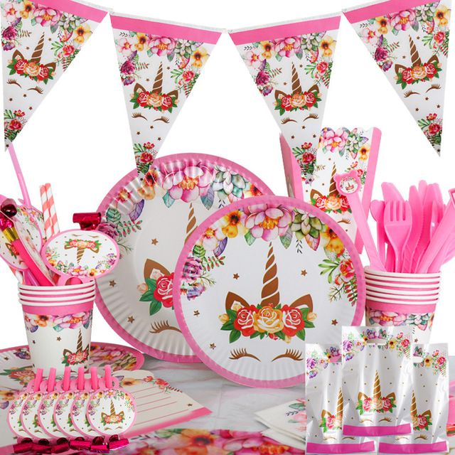 Nowy różowy-brązowy jednorożec z dekoracjami urodzinowymi dla dzieci - zestaw stołowy, balony, prezent - Wianko - 2