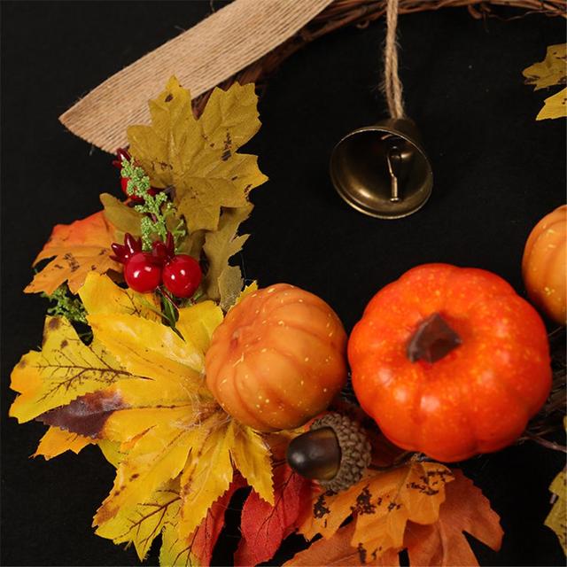 Trwały, rattanowy wieniec jesienny z liściem klonu i dyniami Halloween - Wianko - 8