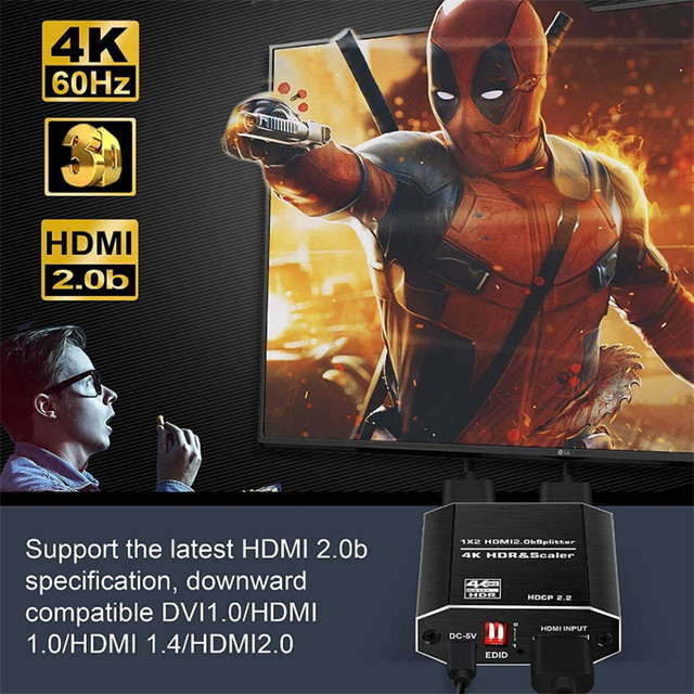 Rozdzielacz HDMI 1 w 2 z kablem przesyłowym 4K @ 60Hz HDR HDCP 2.2 - Wianko - 10