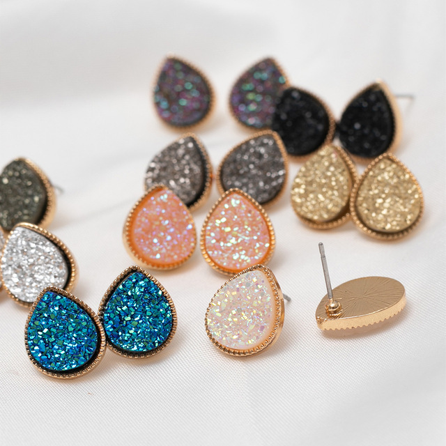 Kolczyki Mini żywica kropla wody Druzy Drusy Teardrop Stud - złote ćwieki 1.5*1cm - Wianko - 2