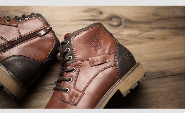 Kostki męskie buty skórzane w stylu retro, wysokiej góry, z bocznym zamkiem błyskawicznym - czarne i brązowe - Wianko - 26