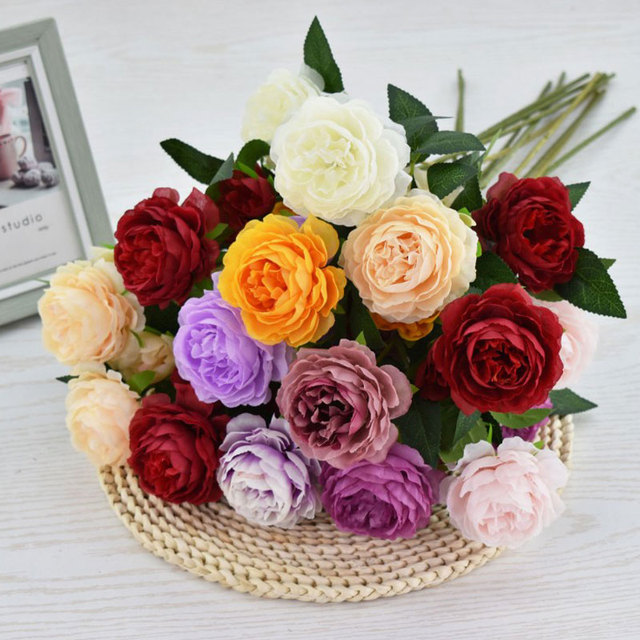 Bukiety jedwabne - sztuczne różane kwiaty do dekoracji ślubnych, kształtowane jak prawdziwe kwiaty, 5 dużych główek i 4 pączki - Wianko - 8