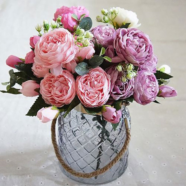 Bukiety jedwabne - sztuczne różane kwiaty do dekoracji ślubnych, kształtowane jak prawdziwe kwiaty, 5 dużych główek i 4 pączki - Wianko - 2