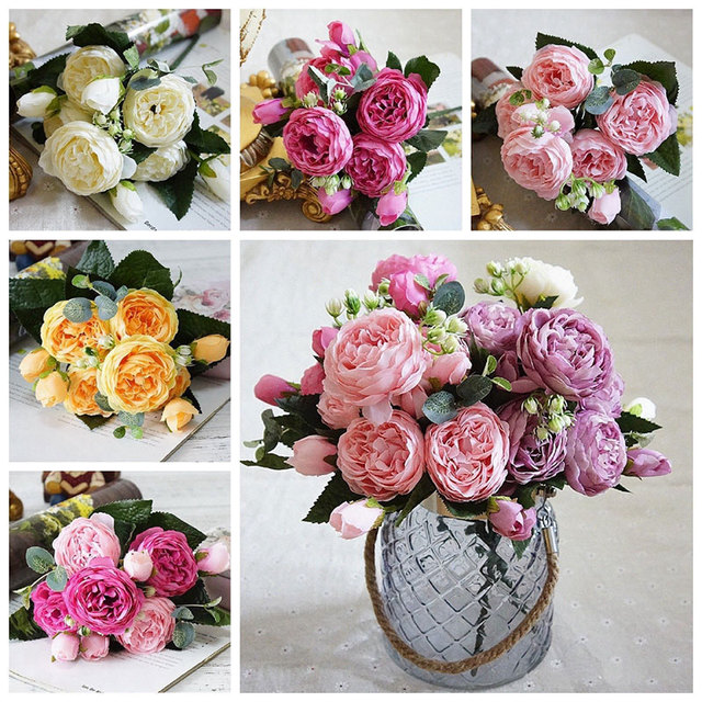 Bukiety jedwabne - sztuczne różane kwiaty do dekoracji ślubnych, kształtowane jak prawdziwe kwiaty, 5 dużych główek i 4 pączki - Wianko - 1