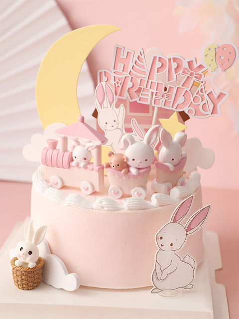 Ozdoba na wierzch tortu - Królik pociąg z marchewką dla dzieci na urodziny, dekoracja ciastka na wesele, wielkanocny DIY - Wianko - 2
