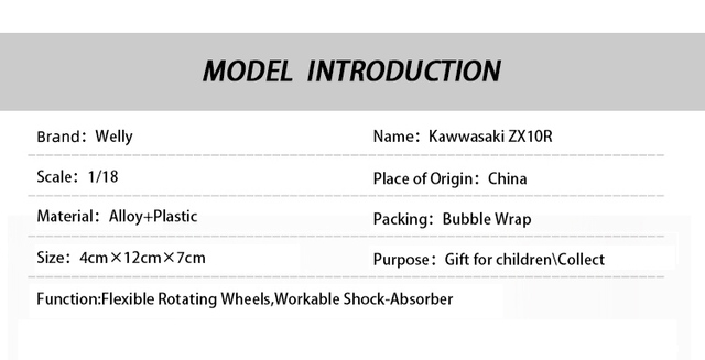 Model motocykla Kawwasaki Ninja ZX10R odlew 1:18 ze stopu – zabawka dla dzieci i kolekcjonerów - Wianko - 1
