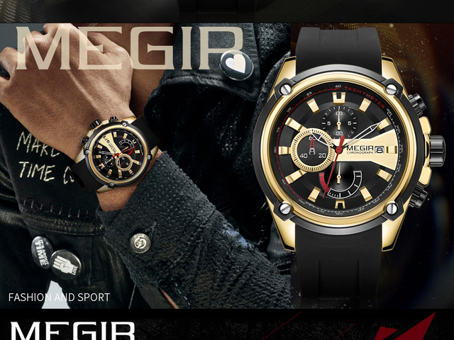 Zegarek MEGIR męski kwarcowy, czarny pasek silikonowy, chronograf, kalendarz, wodoodporny 2086 - Wianko - 2