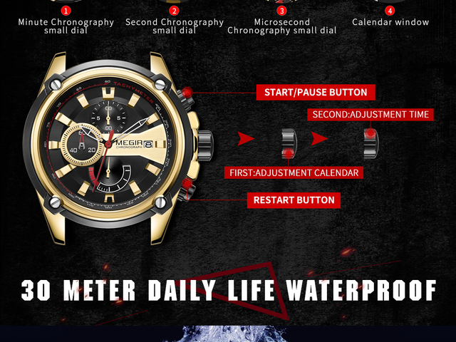 Zegarek MEGIR męski kwarcowy, czarny pasek silikonowy, chronograf, kalendarz, wodoodporny 2086 - Wianko - 7