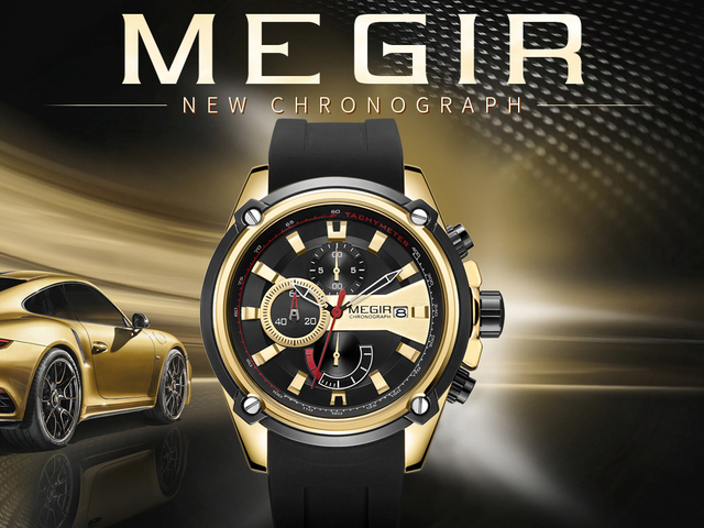 Zegarek MEGIR męski kwarcowy, czarny pasek silikonowy, chronograf, kalendarz, wodoodporny 2086 - Wianko - 1