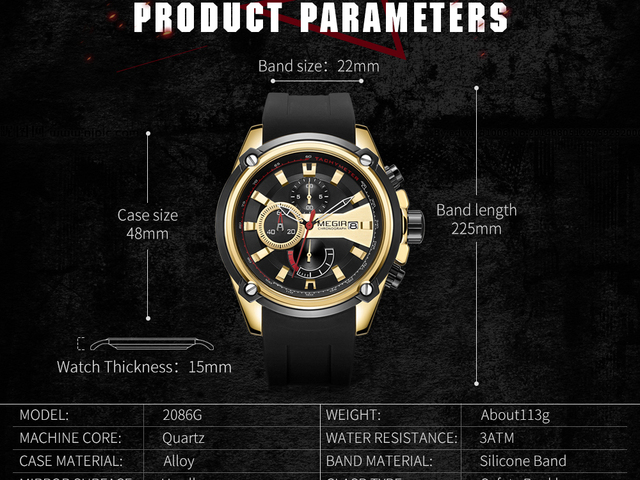 Zegarek MEGIR męski kwarcowy, czarny pasek silikonowy, chronograf, kalendarz, wodoodporny 2086 - Wianko - 5