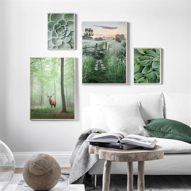 Plakat zielonego skandynawskiego liścia sukulenta- malarstwo na płótnie z abstrakcyjnym rysunkiem kobiety linii w lasie jeleni - Wianko - 3