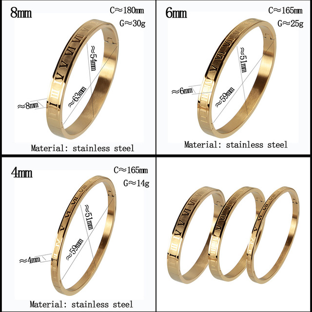 Bransoletka męska i damka ze stali nierdzewnej, złoty kolor, szerokości 4mm, 6mm, 8mm, z rzeźbionymi cyframi rzymskimi D09 - Wianko - 1