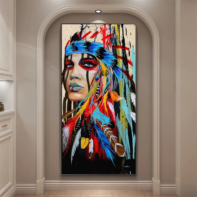 Obraz na płótnie - Indyjska kobieta z kolorowymi piórkami - Portret artystyczny - Wydruk na ścianę - Dekoracja wnętrza - Wianko - 7