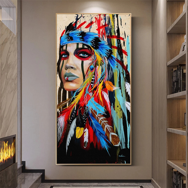 Obraz na płótnie - Indyjska kobieta z kolorowymi piórkami - Portret artystyczny - Wydruk na ścianę - Dekoracja wnętrza - Wianko - 5