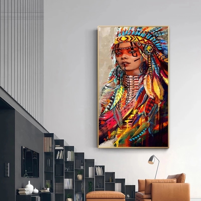 Obraz na płótnie - Indyjska kobieta z kolorowymi piórkami - Portret artystyczny - Wydruk na ścianę - Dekoracja wnętrza - Wianko - 2