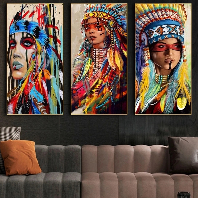 Obraz na płótnie - Indyjska kobieta z kolorowymi piórkami - Portret artystyczny - Wydruk na ścianę - Dekoracja wnętrza - Wianko - 4