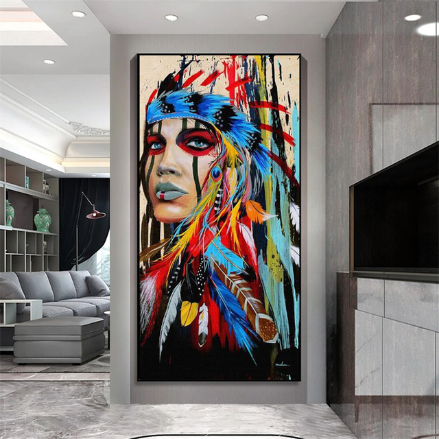 Obraz na płótnie - Indyjska kobieta z kolorowymi piórkami - Portret artystyczny - Wydruk na ścianę - Dekoracja wnętrza - Wianko - 3