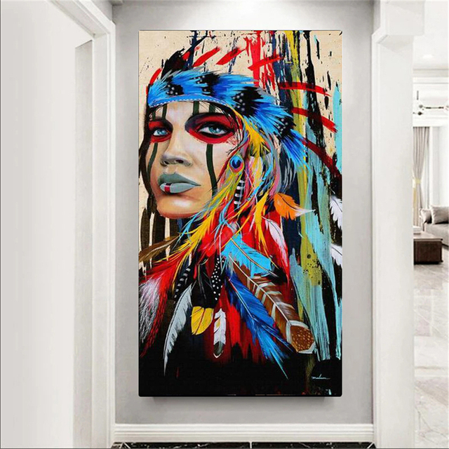 Obraz na płótnie - Indyjska kobieta z kolorowymi piórkami - Portret artystyczny - Wydruk na ścianę - Dekoracja wnętrza - Wianko - 6