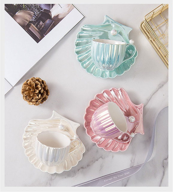 Filiżanka do kawy ceramiczna z ozdobnym spodkiem - prosta jednokolorowa porcelanowa filiżanka w kształcie muszli, do użytku w domu i biurze - Wianko - 16