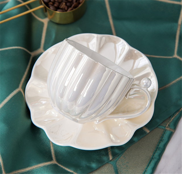 Filiżanka do kawy ceramiczna z ozdobnym spodkiem - prosta jednokolorowa porcelanowa filiżanka w kształcie muszli, do użytku w domu i biurze - Wianko - 10